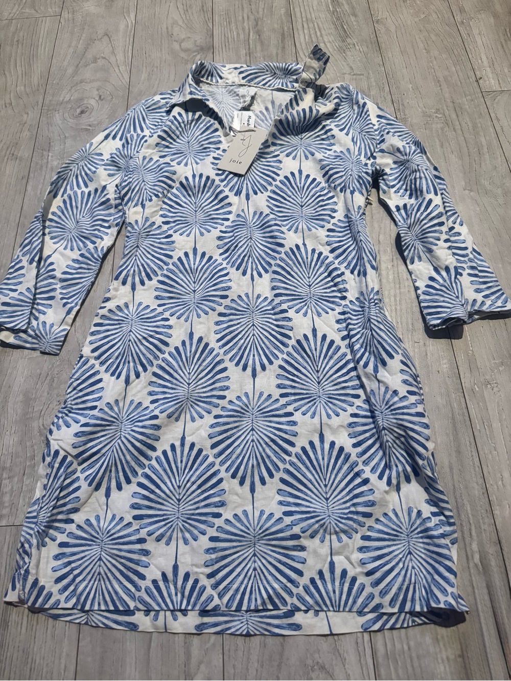 Joie White and Blue Fan-Print 3/4 Sleeve Tunic Dress Linen NWT